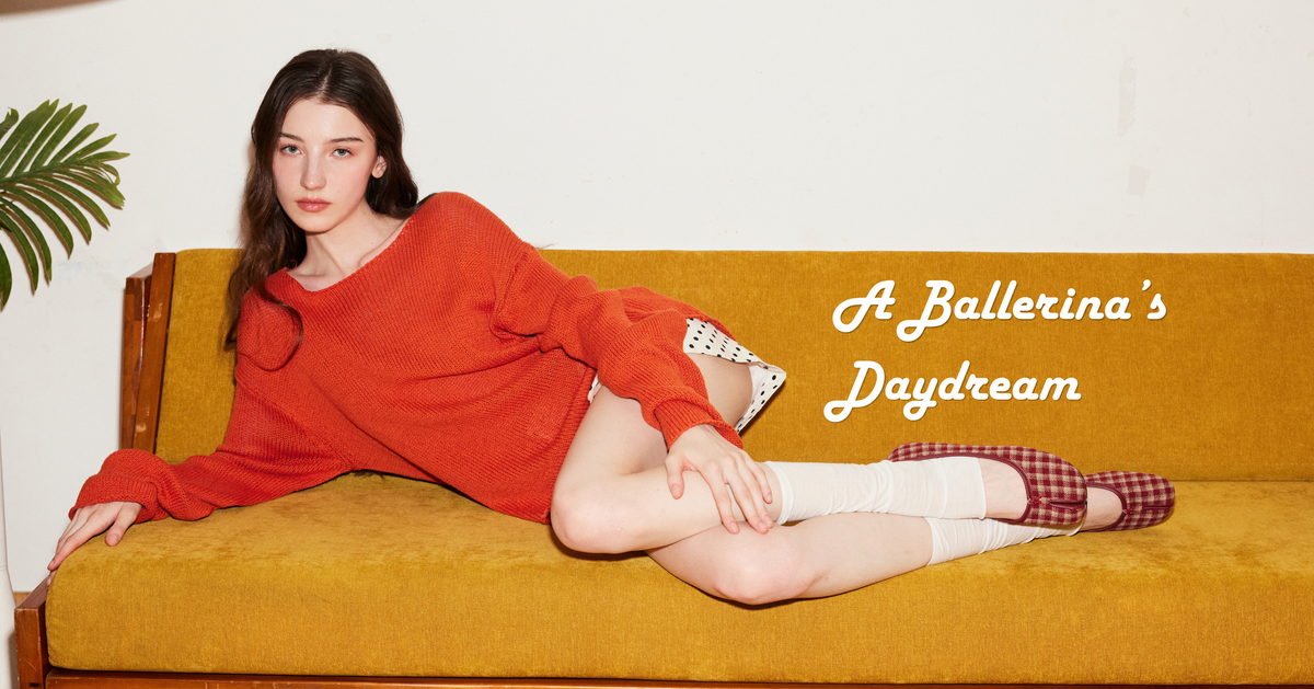 A Ballerina’s Daydream — Raboesy, red gingham ballerinas on a mustard sofa